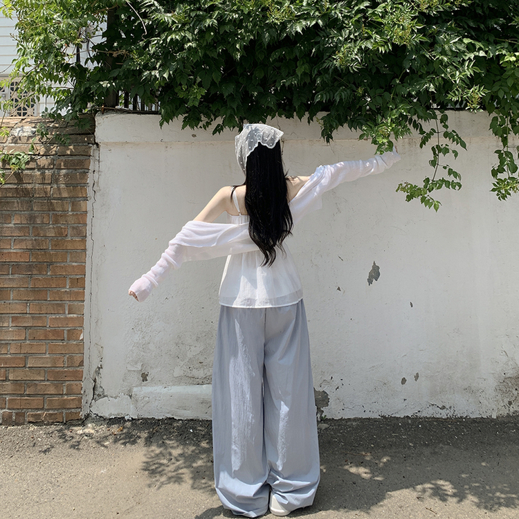 아이스 바스락 배색 밴딩 스트링 와이드 롱팬츠 하체커버 여름팬츠 파스텔 소라 네이비 한여름바지 빅사이즈 그레이