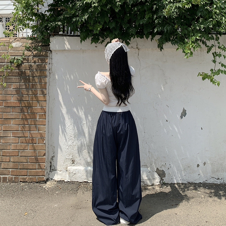 아이스 바스락 배색 밴딩 스트링 와이드 롱팬츠 하체커버 여름팬츠 파스텔 소라 네이비 한여름바지 빅사이즈 곤색