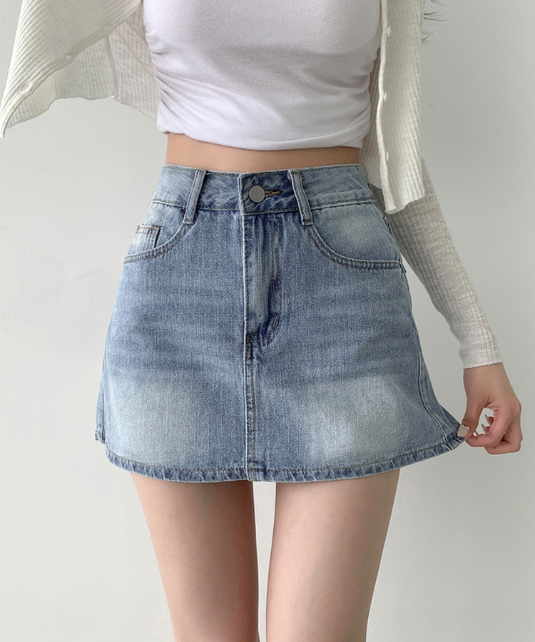 バックポケットAラインデニムスカートパンツ LIGHT BLUE