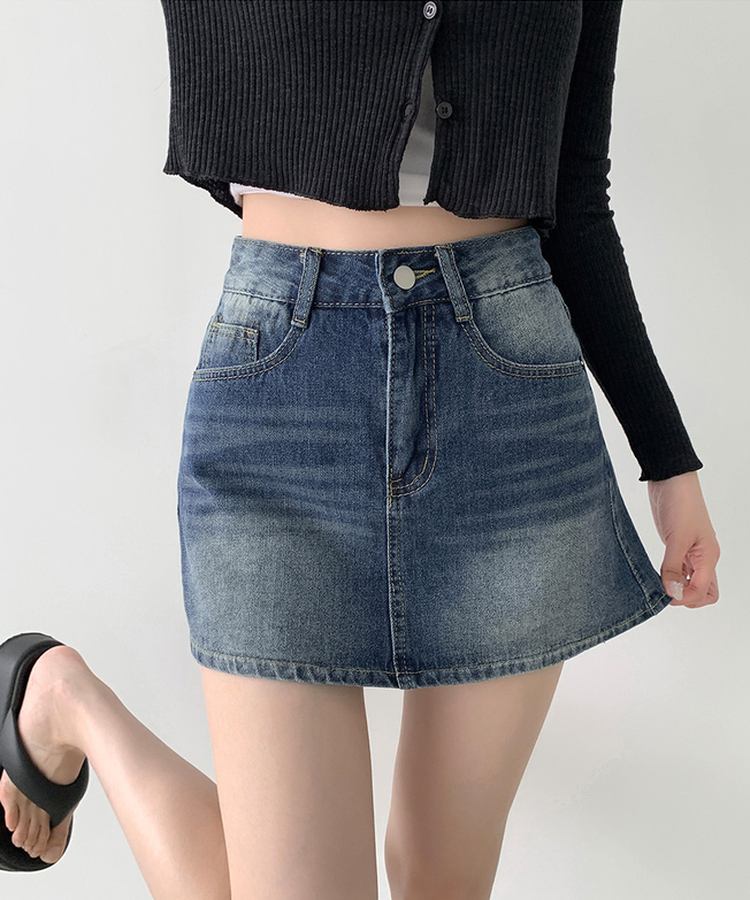 バックポケットAラインデニムスカートパンツ DEEP DENIM