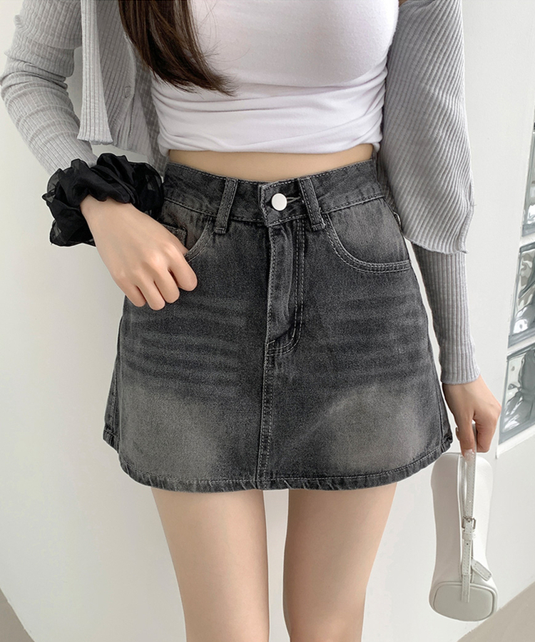 バックポケットAラインデニムスカートパンツ GREY