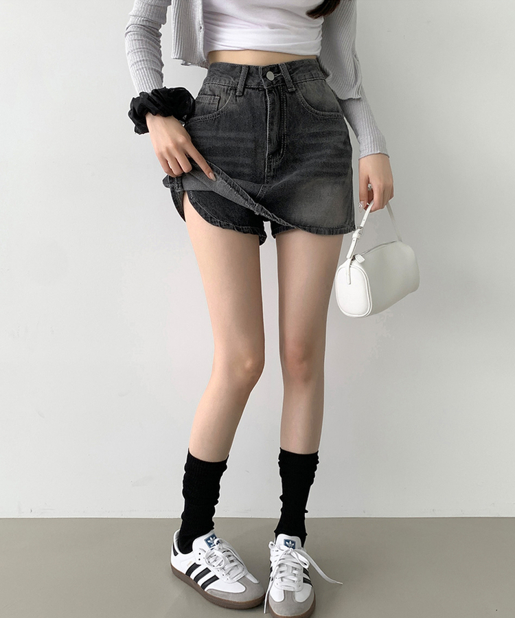 バックポケットAラインデニムスカートパンツ GREY