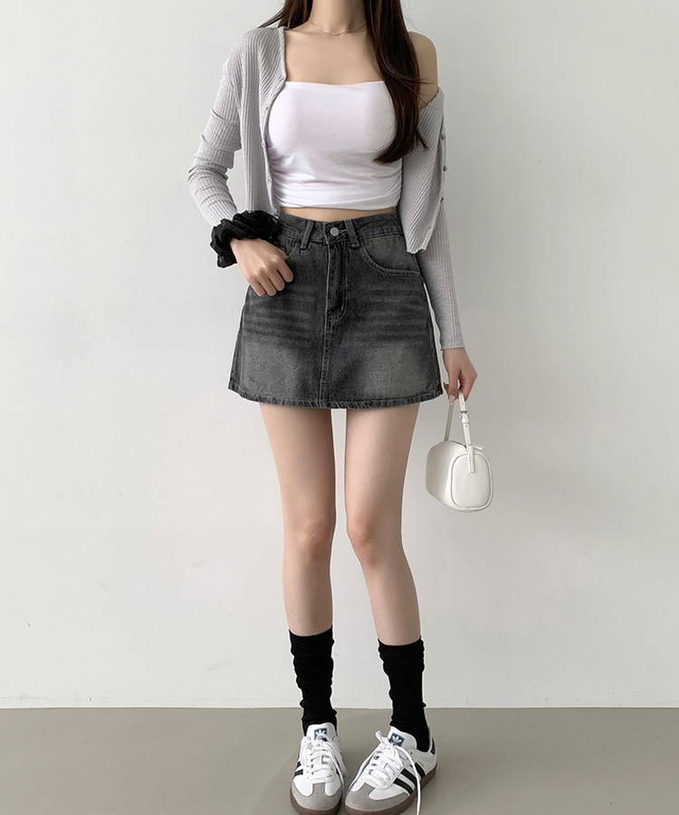 バックポケットAラインデニムスカートパンツ GREY
