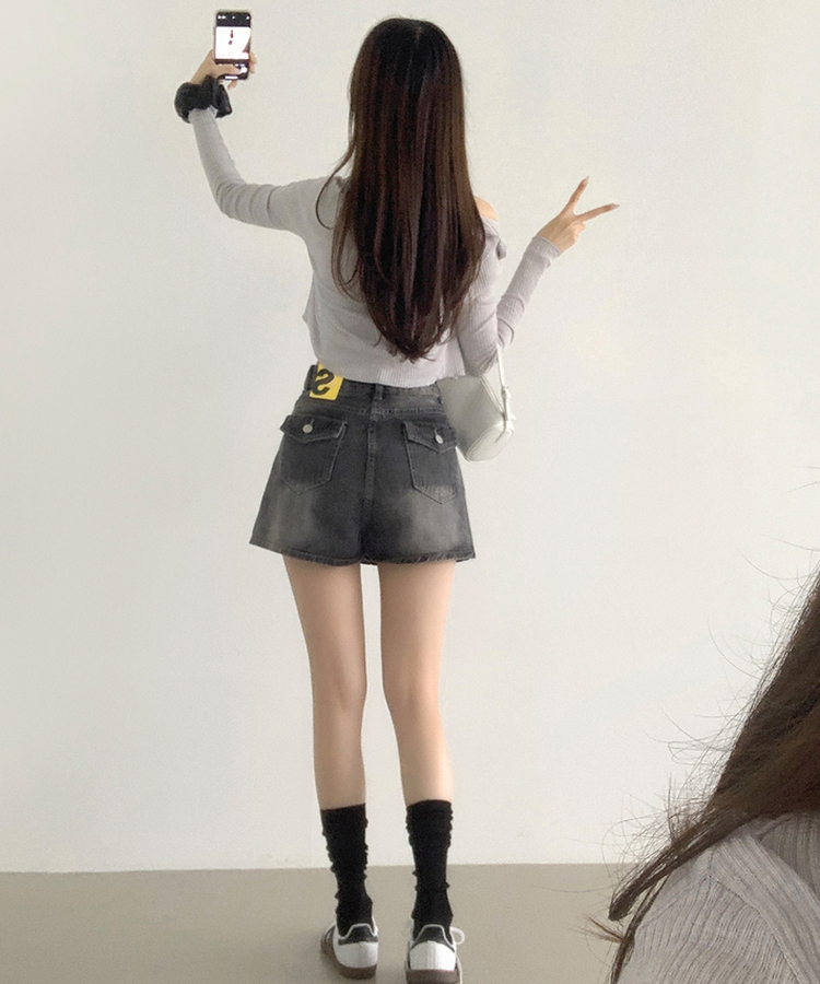 バックポケットAラインデニムスカートパンツ GREY
