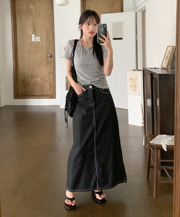 クールデニムステッチロングスカート｜ミディ/ロングスカート｜韓国