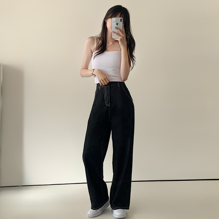 ノンフェイドハイウエストワイドデニムパンツ BLACK DENIM