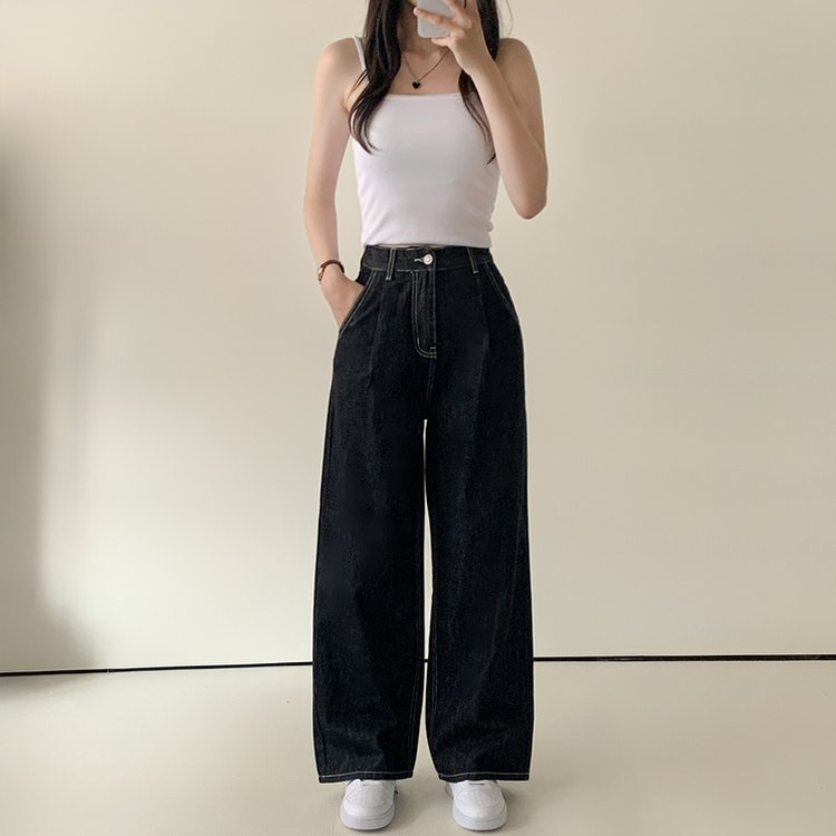 ノンフェイドハイウエストワイドデニムパンツ BLACK DENIM