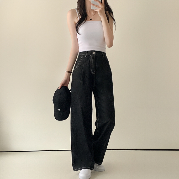 ノンフェイドハイウエストワイドデニムパンツ BLACK DENIM