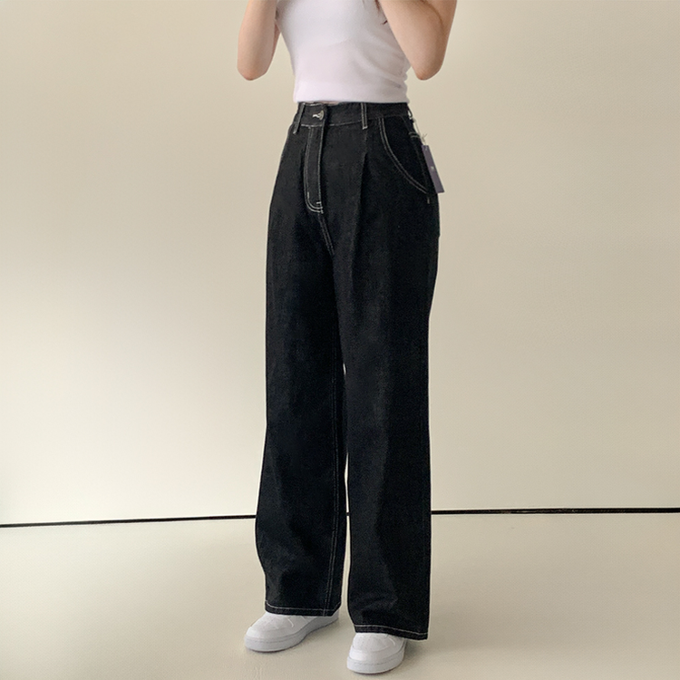 ノンフェイドハイウエストワイドデニムパンツ BLACK DENIM