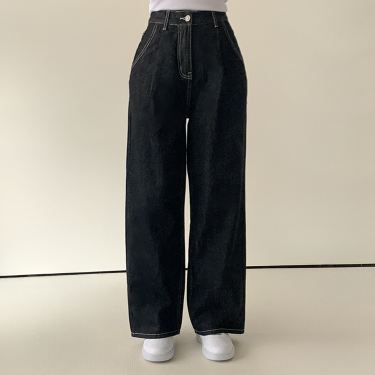 ノンフェイドハイウエストワイドデニムパンツ BLACK DENIM