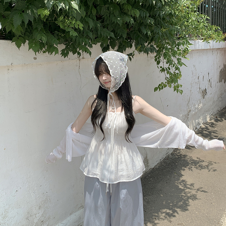 청순러블리 셔링 플레어 쉬폰 끈나시 모리걸 블라우스 편한 여름휴가룩 바캉스 화이트