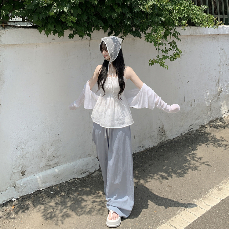 청순러블리 셔링 플레어 쉬폰 끈나시 모리걸 블라우스 편한 여름휴가룩 바캉스 화이트