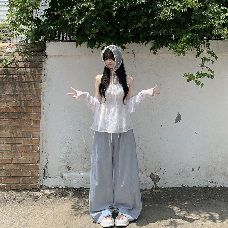 청순러블리 셔링 플레어 쉬폰 끈나시 모리걸 블라우스 편한 여름휴가룩 바캉스 화이트