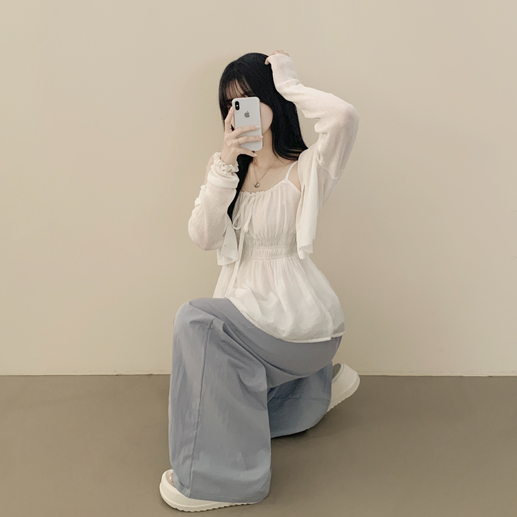 청순러블리 셔링 플레어 쉬폰 끈나시 모리걸 블라우스 편한 여름휴가룩 바캉스 화이트