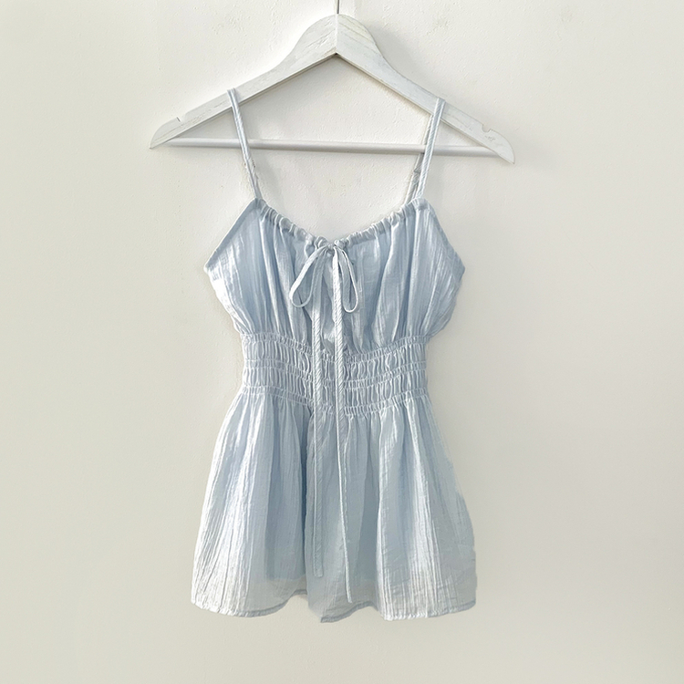 청순러블리 셔링 플레어 쉬폰 끈나시 모리걸 블라우스 편한 여름휴가룩 바캉스