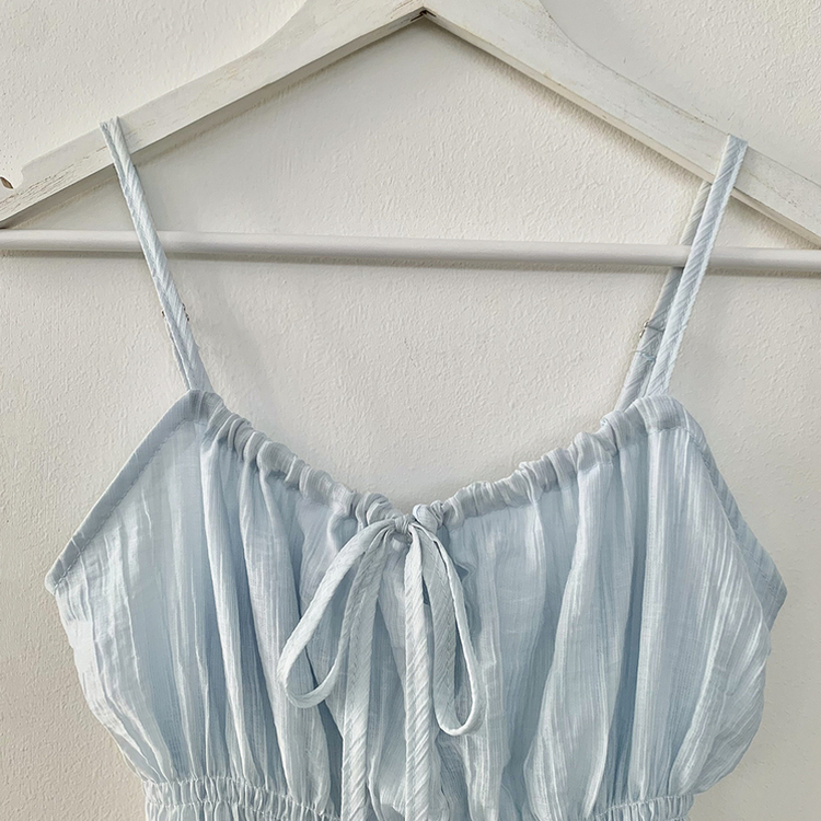 청순러블리 셔링 플레어 쉬폰 끈나시 모리걸 블라우스 편한 여름휴가룩 바캉스