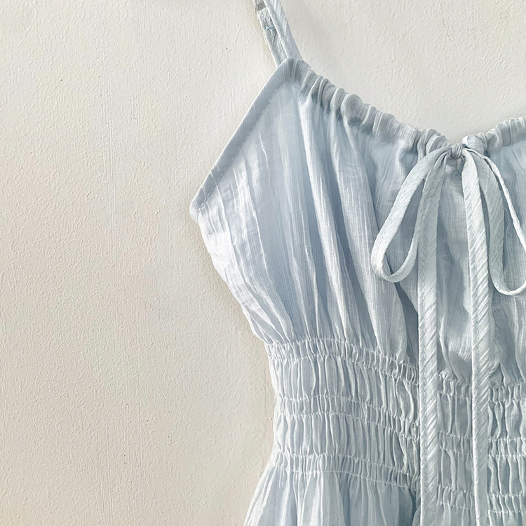 청순러블리 셔링 플레어 쉬폰 끈나시 모리걸 블라우스 편한 여름휴가룩 바캉스