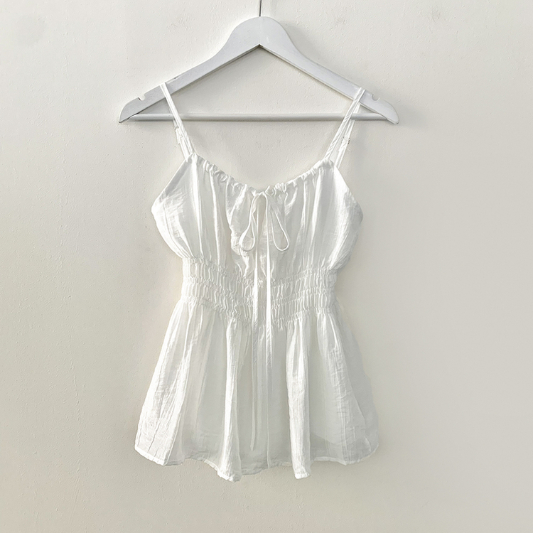 청순러블리 셔링 플레어 쉬폰 끈나시 모리걸 블라우스 편한 여름휴가룩 바캉스