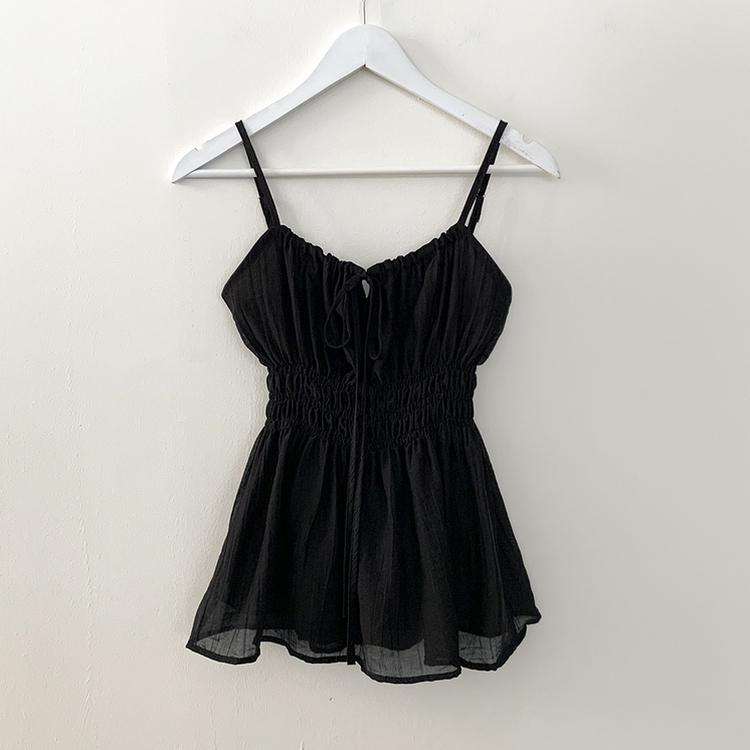 청순러블리 셔링 플레어 쉬폰 끈나시 모리걸 블라우스 편한 여름휴가룩 바캉스