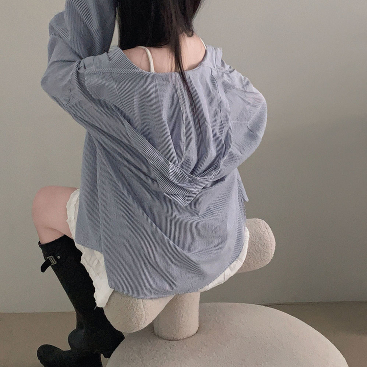뜨거운 햇빛 피하기캠퍼스 패치 후드 루즈핏 셔츠 남방 네이비