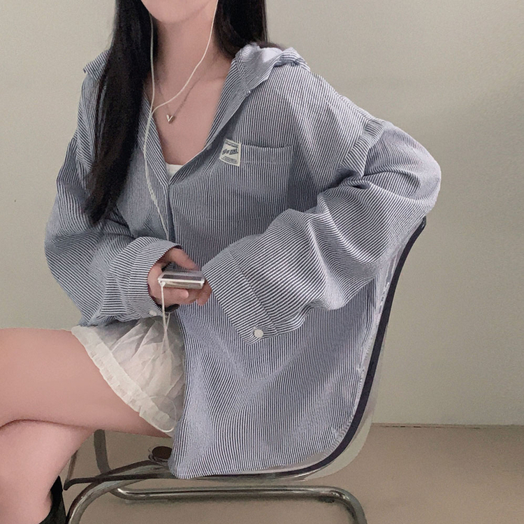 뜨거운 햇빛 피하기캠퍼스 패치 후드 루즈핏 셔츠 남방 네이비