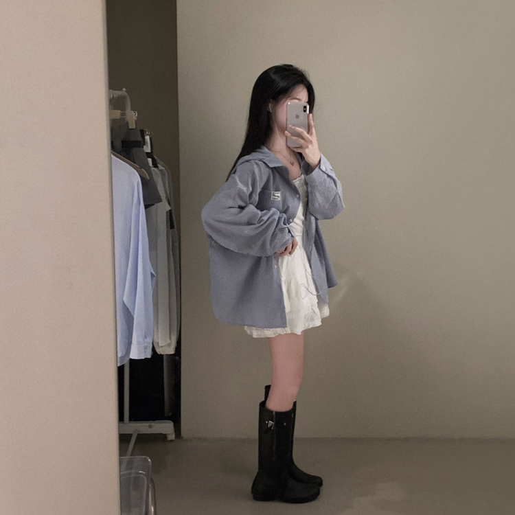 뜨거운 햇빛 피하기캠퍼스 패치 후드 루즈핏 셔츠 남방 네이비