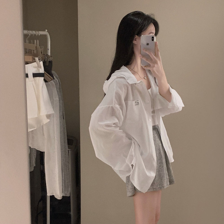 뜨거운 햇빛 피하기캠퍼스 패치 후드 루즈핏 셔츠 남방 화이트