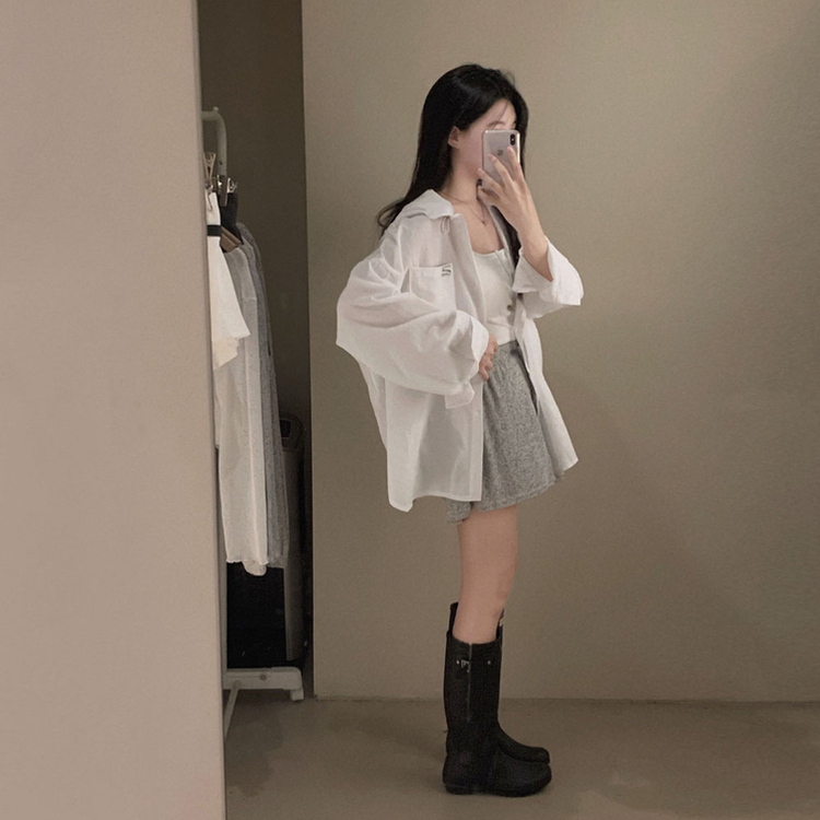 뜨거운 햇빛 피하기캠퍼스 패치 후드 루즈핏 셔츠 남방 화이트