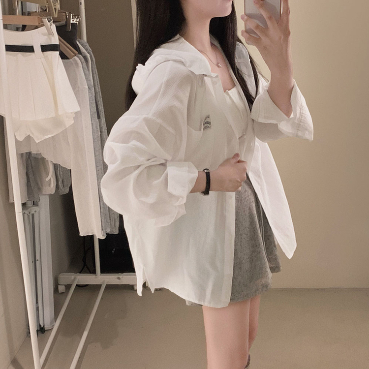 뜨거운 햇빛 피하기캠퍼스 패치 후드 루즈핏 셔츠 남방 화이트