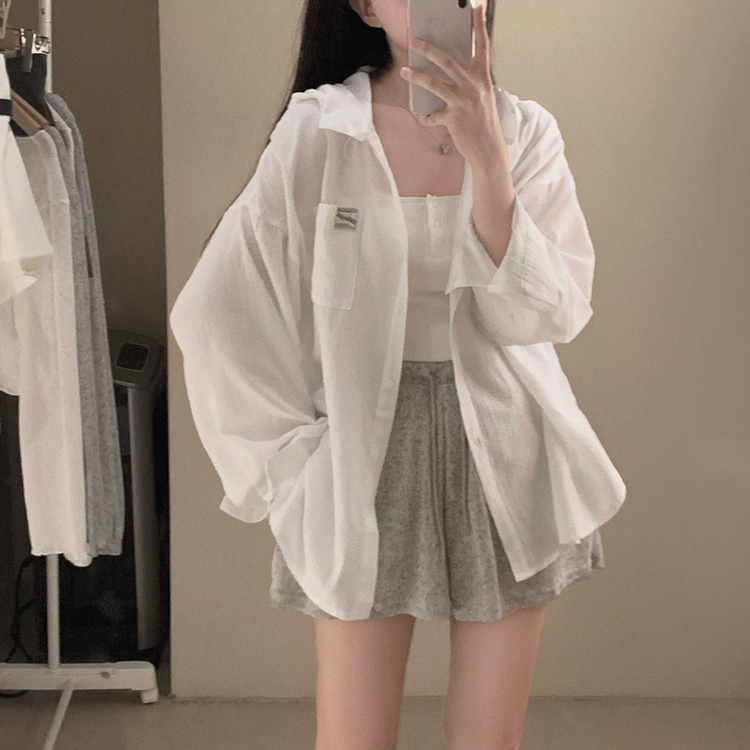 뜨거운 햇빛 피하기캠퍼스 패치 후드 루즈핏 셔츠 남방 화이트