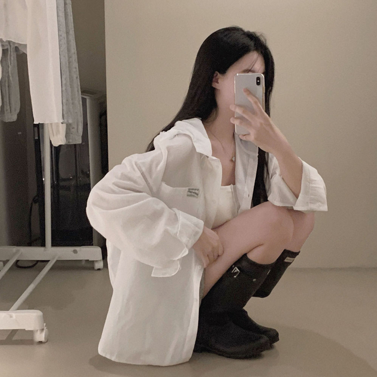 뜨거운 햇빛 피하기캠퍼스 패치 후드 루즈핏 셔츠 남방 화이트