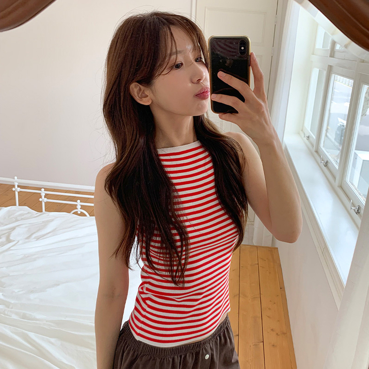 nt5137 (여름데일리템/만능코디♥/부유방커버O) 노이븐 배색 스트라이프 슬리브리스 니트