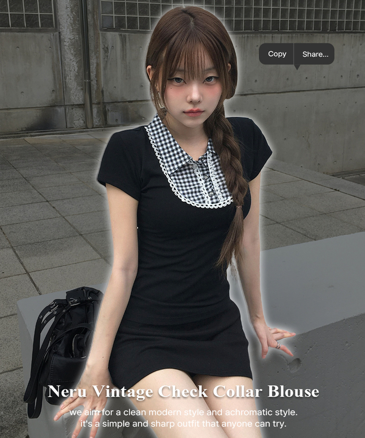 ビンテージチェック半袖ブラウス BLACK