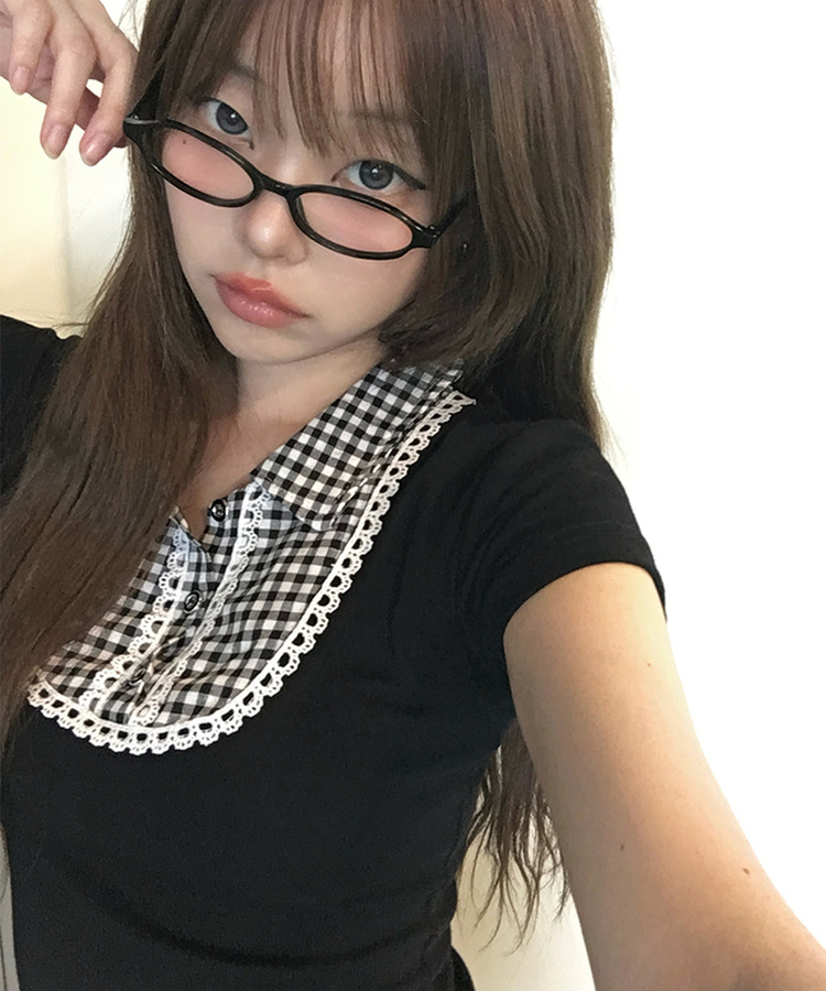 ビンテージチェック半袖ブラウス BLACK