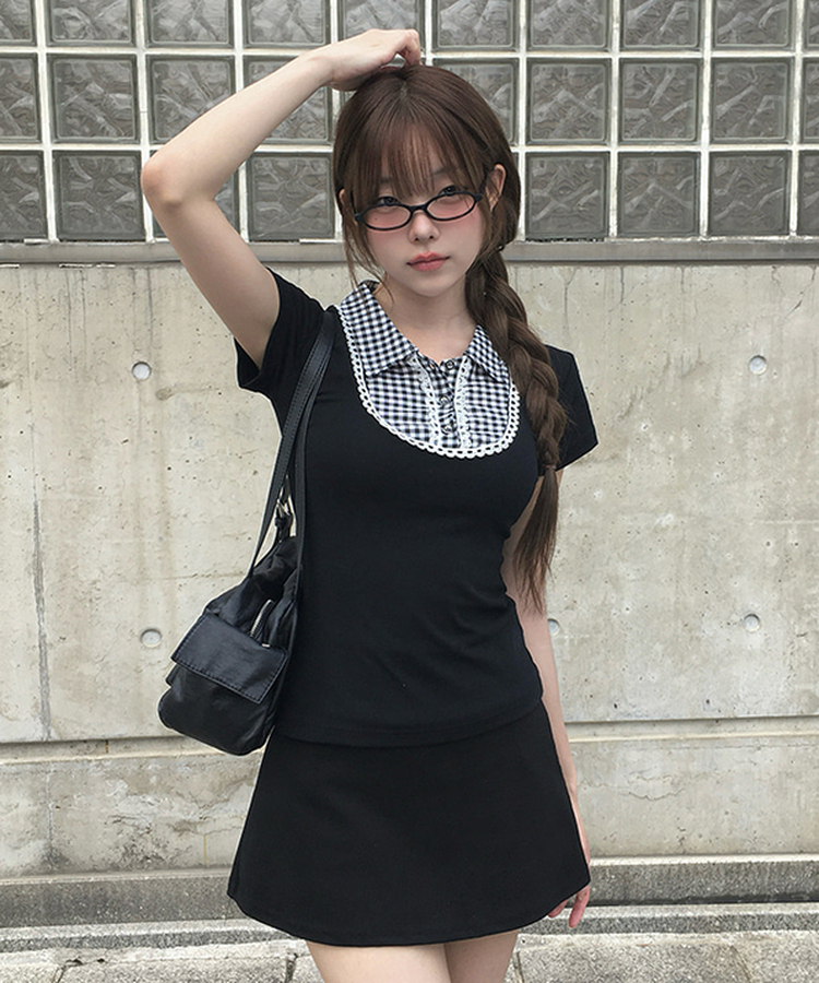 ビンテージチェック半袖ブラウス BLACK