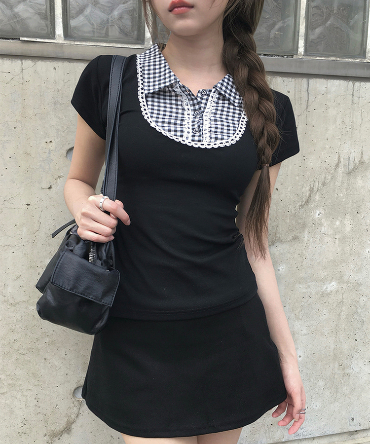 ビンテージチェック半袖ブラウス BLACK