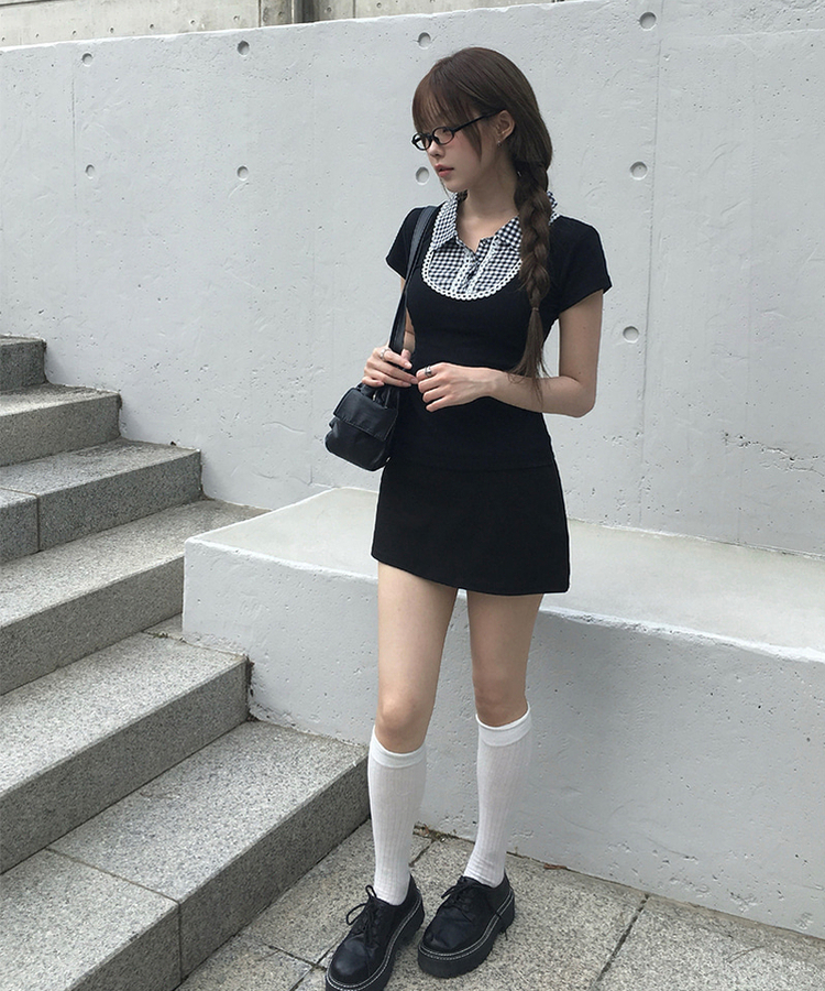 ビンテージチェック半袖ブラウス BLACK