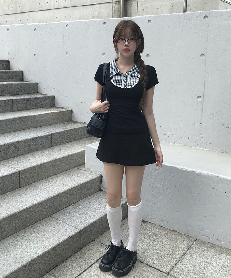 ビンテージチェック半袖ブラウス BLACK