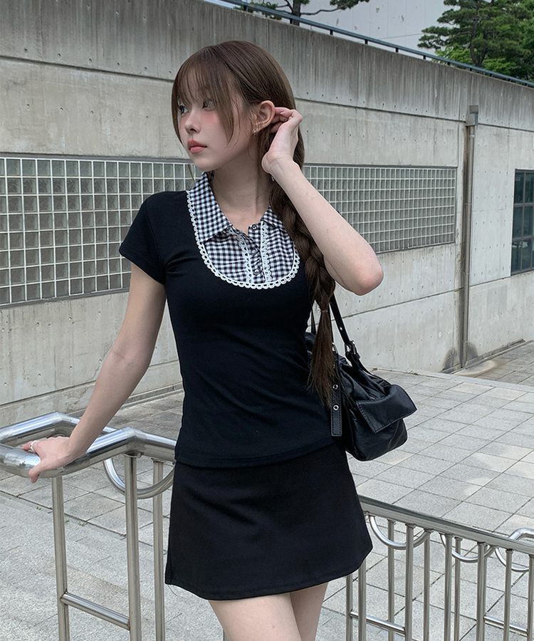 ビンテージチェック半袖ブラウス BLACK