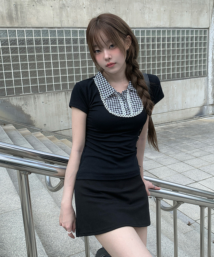 ビンテージチェック半袖ブラウス BLACK