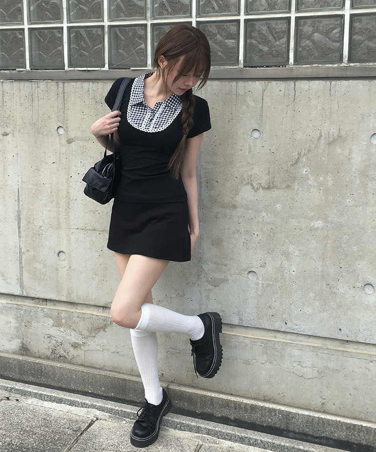 ビンテージチェック半袖ブラウス BLACK