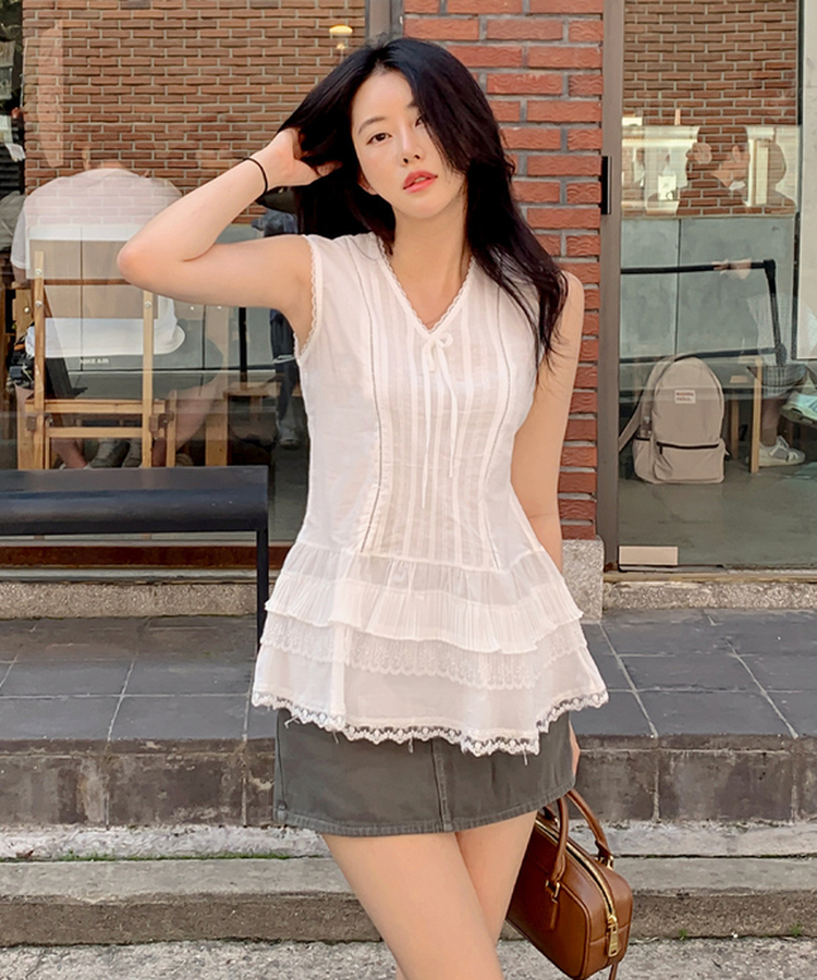 リボンレースストライプキャミソール WHITE