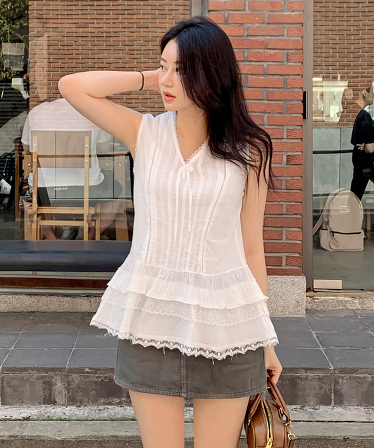 リボンレースストライプキャミソール WHITE