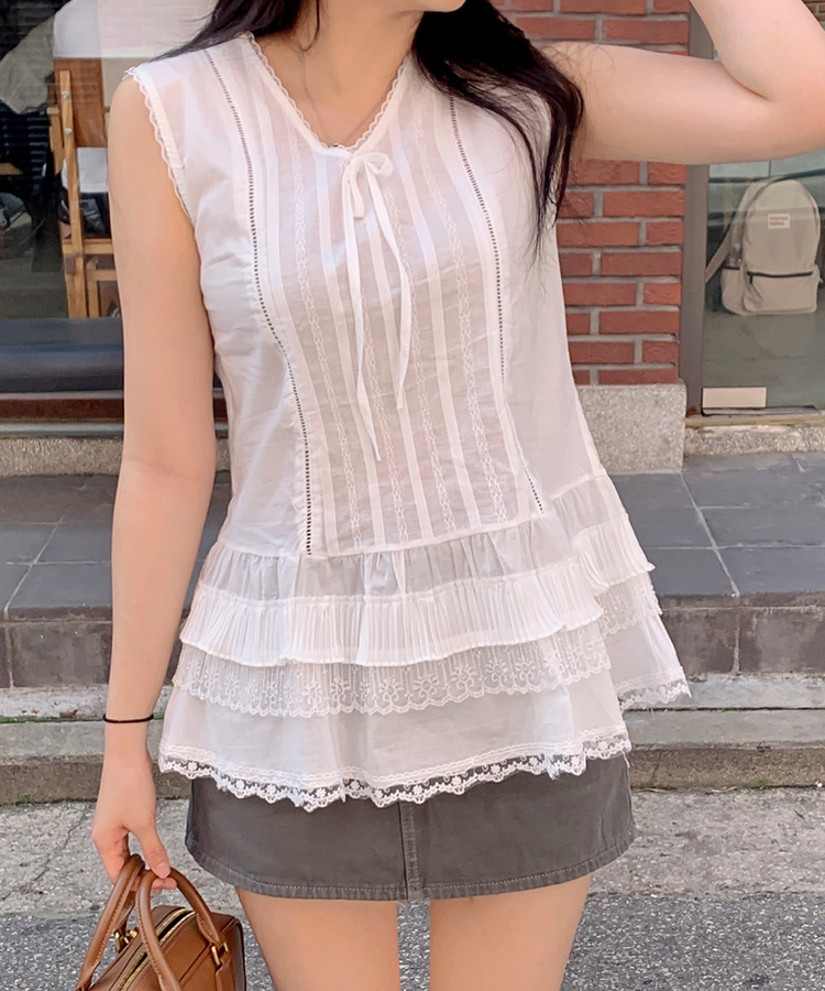 リボンレースストライプキャミソール WHITE