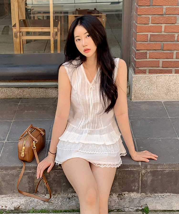 リボンレースストライプキャミソール WHITE