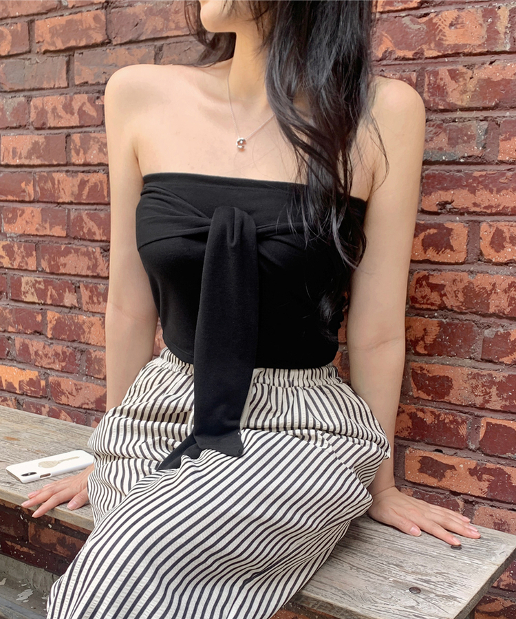 リボンオフショルダートップス BLACK