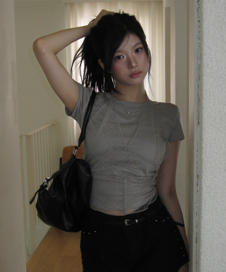 ホルターレイヤード半袖Tシャツ GREY