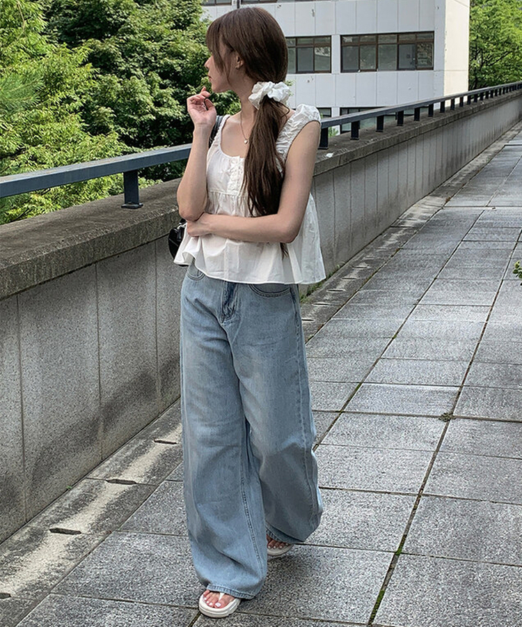 ライトブルーウォッシングワイドデニムパンツ｜デニム｜韓国