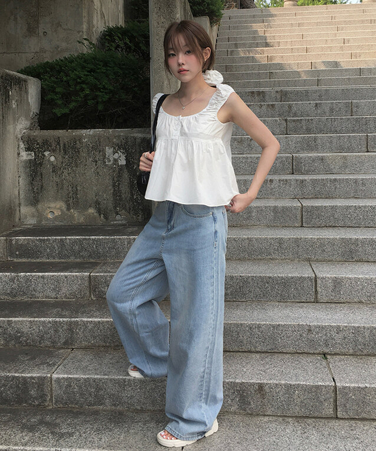ライトブルーウォッシングワイドデニムパンツ｜デニム｜韓国