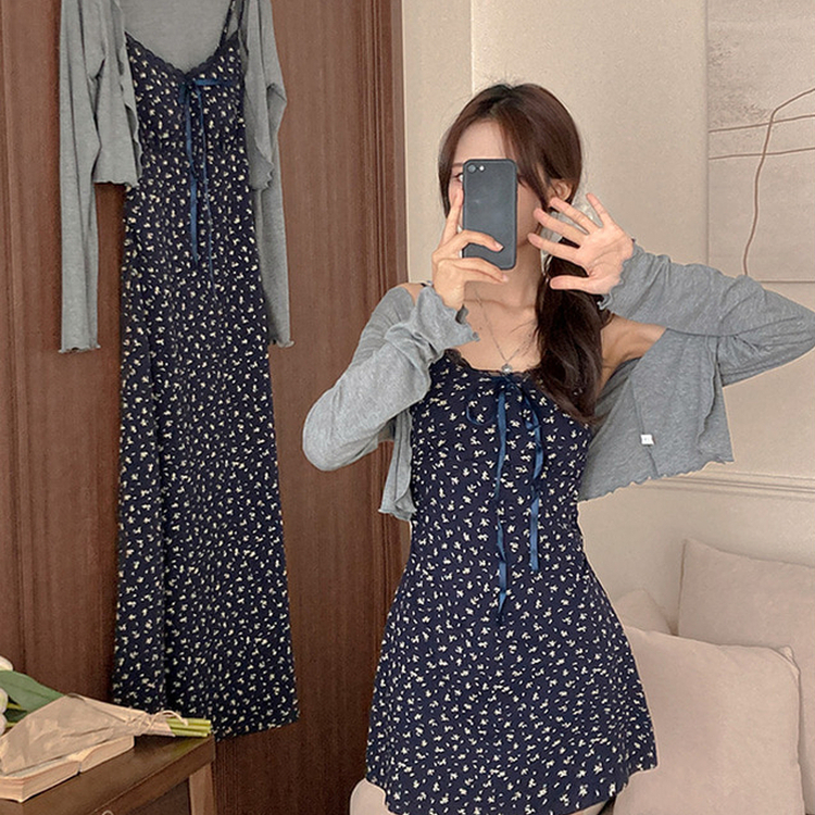 더스트 플라워 리본 뷔스티에 나시 원피스 가디건 투피스 세트 네이비